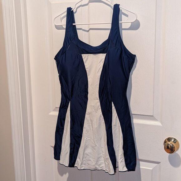Women's Navy & White Color Block Tummy Control Swim Dress Swimsuit One Piece - Picture 2 of 9